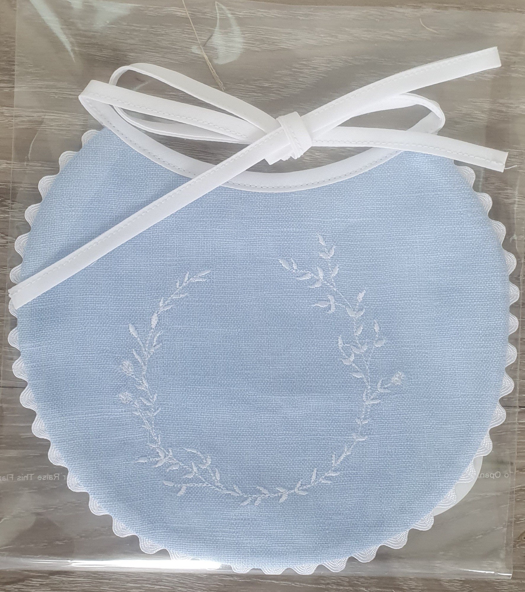 Baby Bib Linen Embroidered Blue with White Wreath