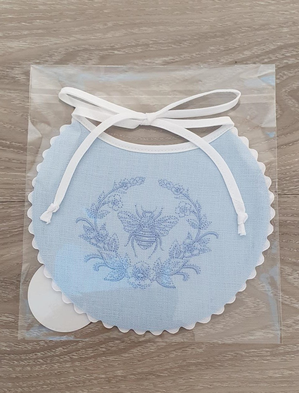 Baby Bib Linen Embroidered Blue with Blue Bee Wreath