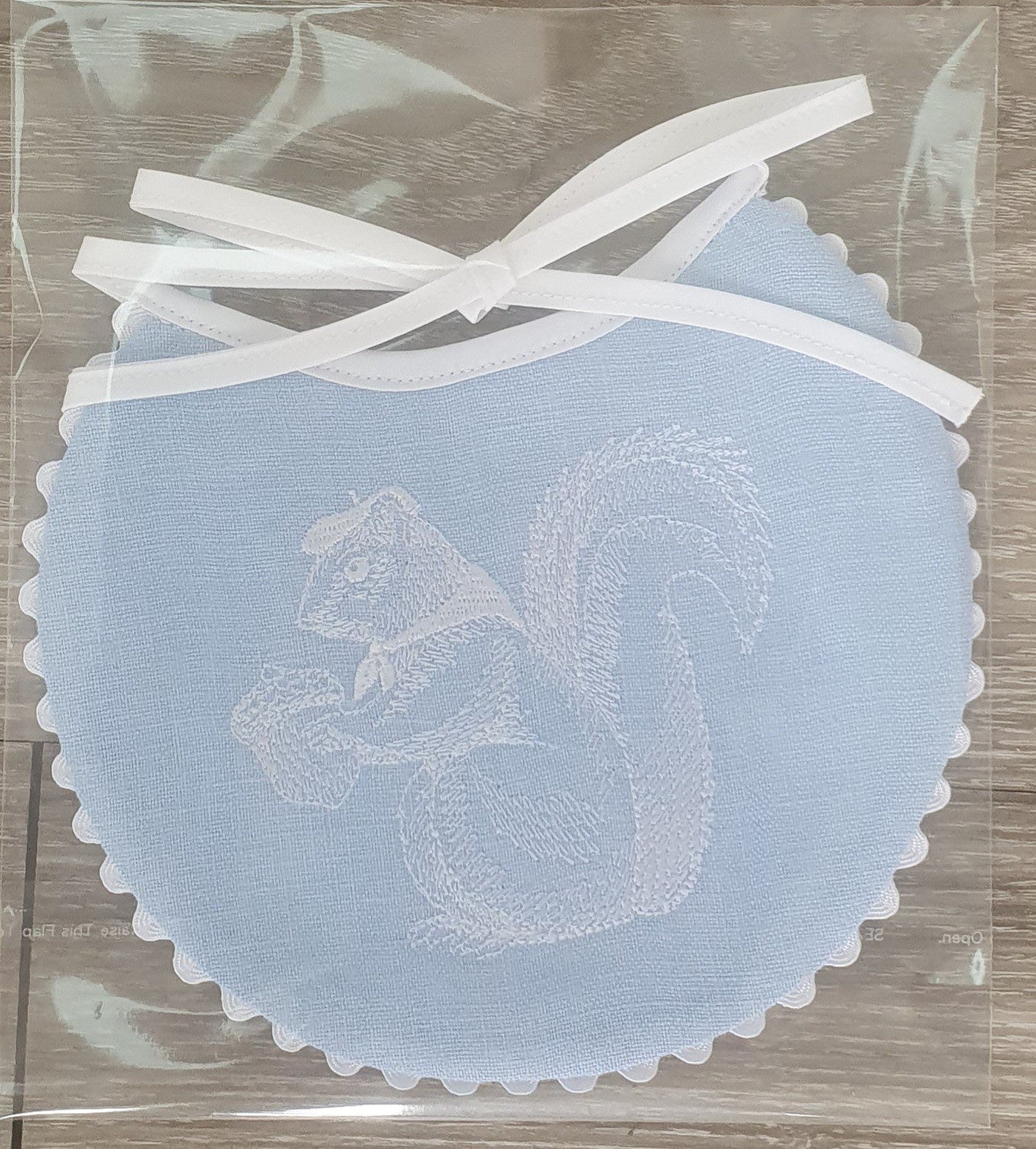 Baby Bib Linen Embroidered Blue with White Squirrel