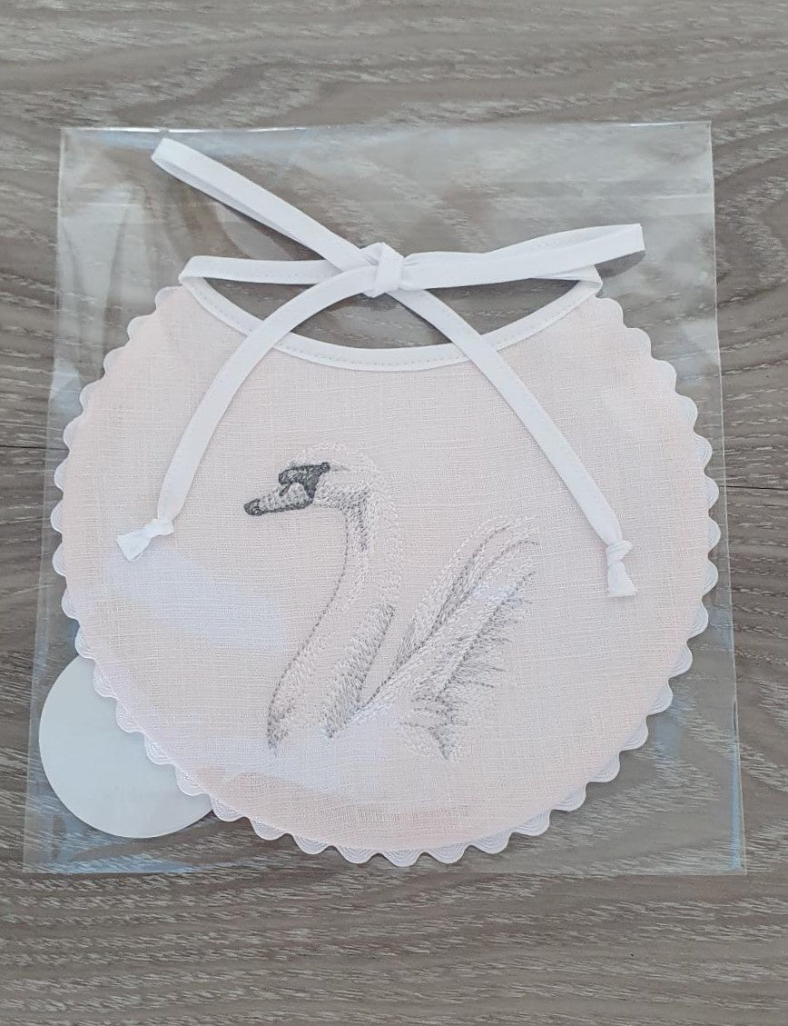 Baby Bib Linen Embroidered Pink with White Swan