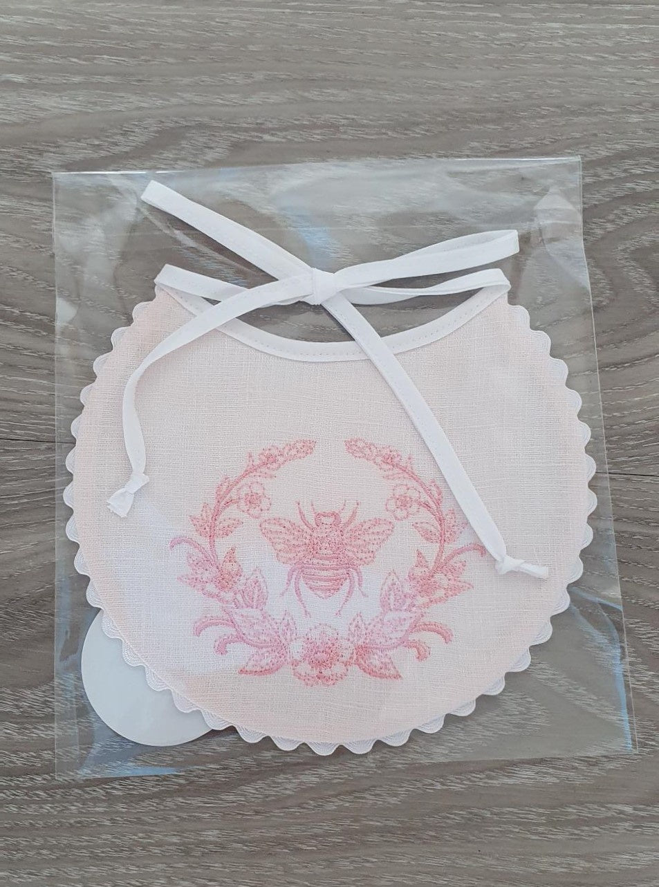 Baby Bib Linen Embroidered Pink with Pink Bee Wreath