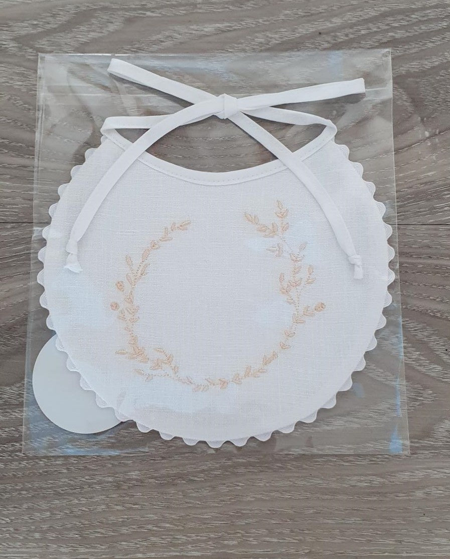 Baby Bib Linen Embroidered White with Gold Wreath