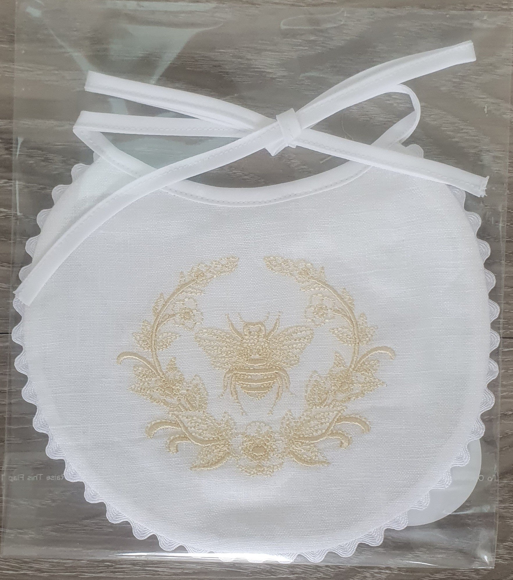 Baby Bib Linen Embroidered White with Gold Bee Wreath