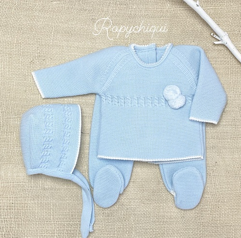 Baby Outfit - 3 pce knit set Sky Blue 1m