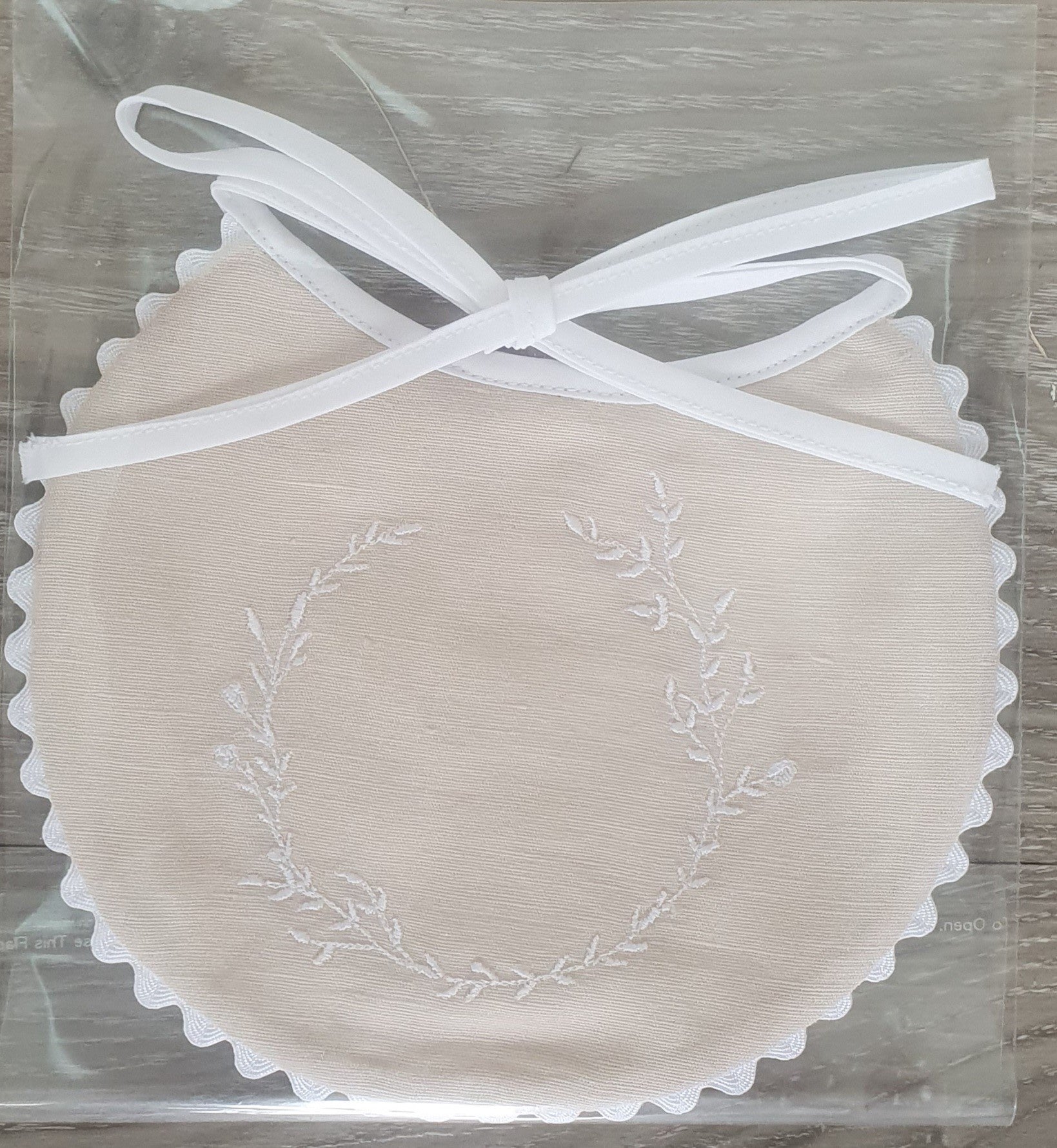 Baby Bib Linen Embroidered Cream with White Wreath