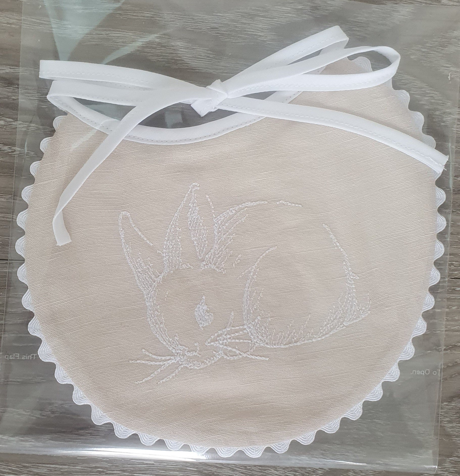 Baby Bib Linen Embroidered Cream with White Bunny